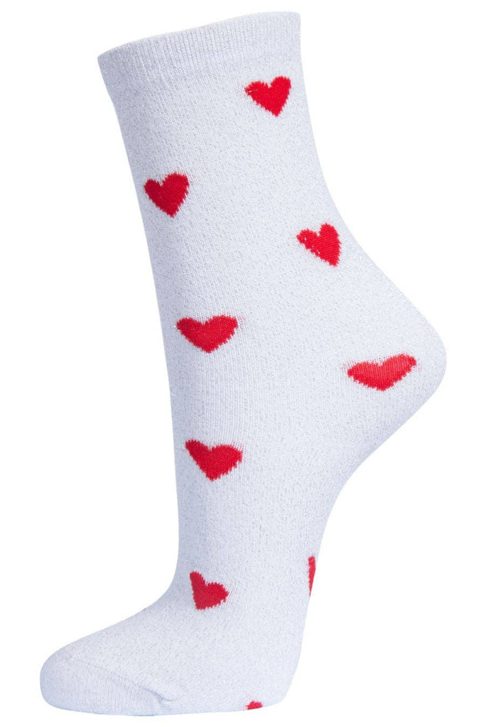 Sock Talk - Womens Glitter Socks Red Heart Love Hearts Ankle Socks White
