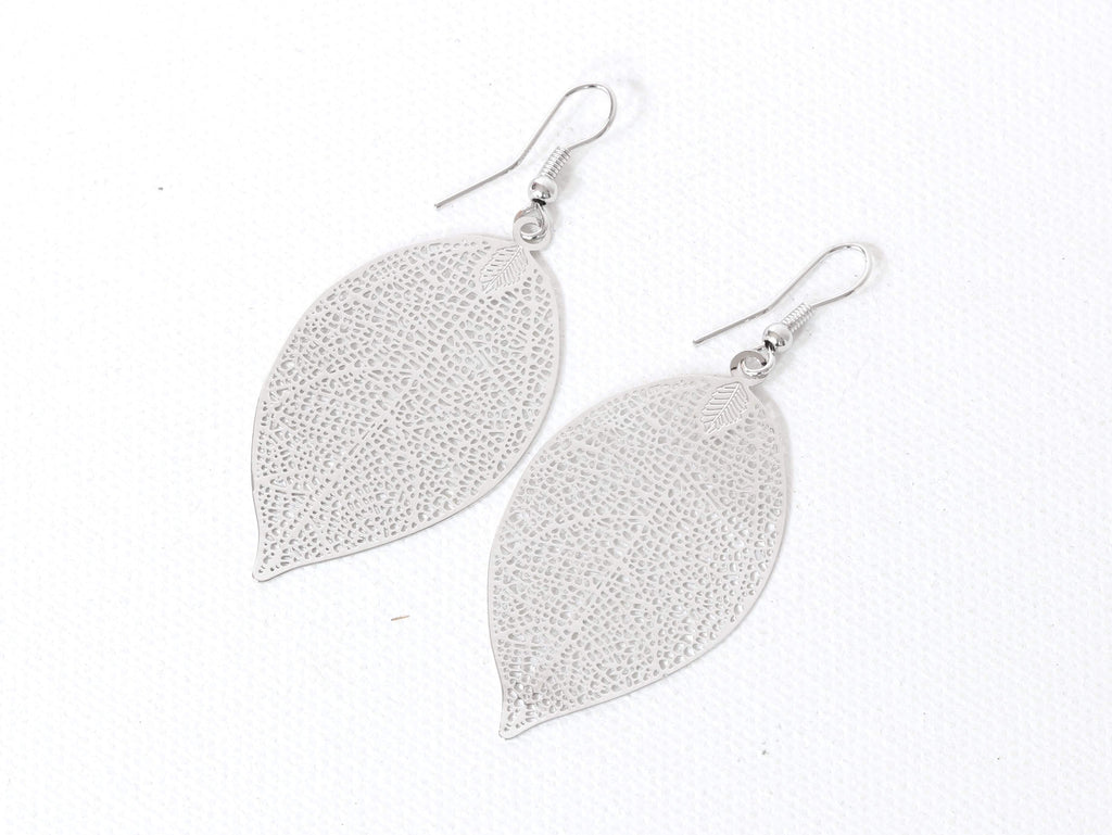 Big Metal London Filigree Leaf Drop Earrings Silver