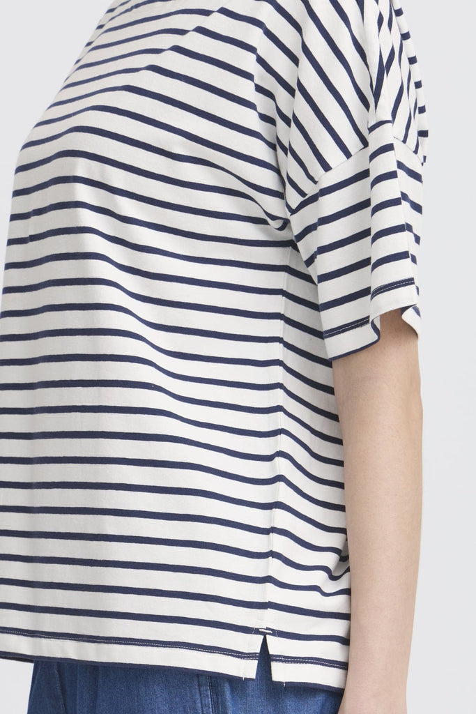Fransa Cotton Boxy Stripe Top Navy White