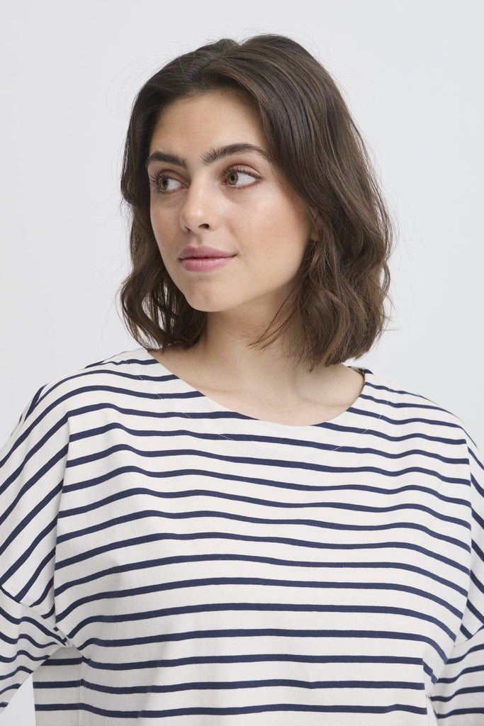Fransa Cotton Boxy Stripe Top Navy White