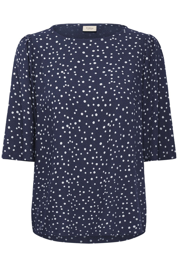 Fransa Dotty Fluted Sleeve Top Navy White