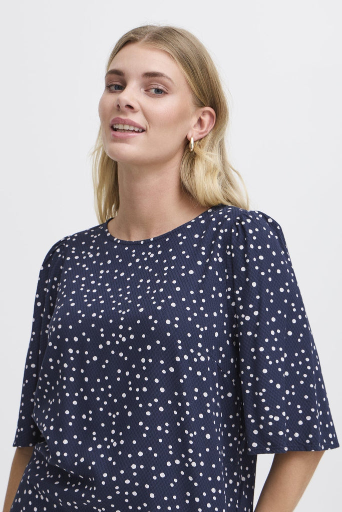 Fransa Dotty Fluted Sleeve Top Navy White