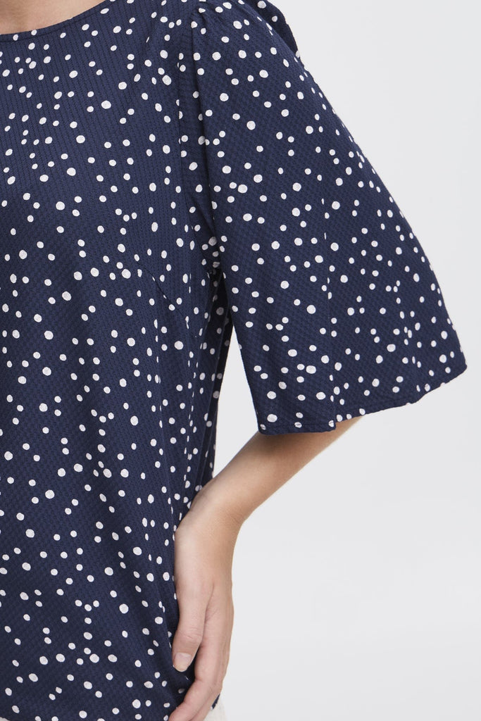 Fransa Dotty Fluted Sleeve Top Navy White