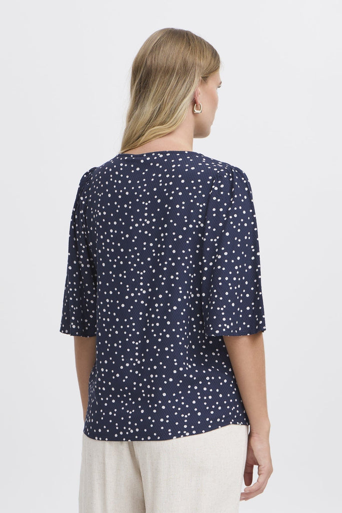 Fransa Dotty Fluted Sleeve Top Navy White