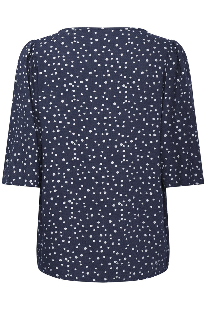 Fransa Dotty Fluted Sleeve Top Navy White