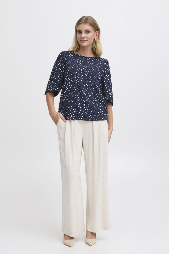 Fransa Dotty Fluted Sleeve Top Navy White