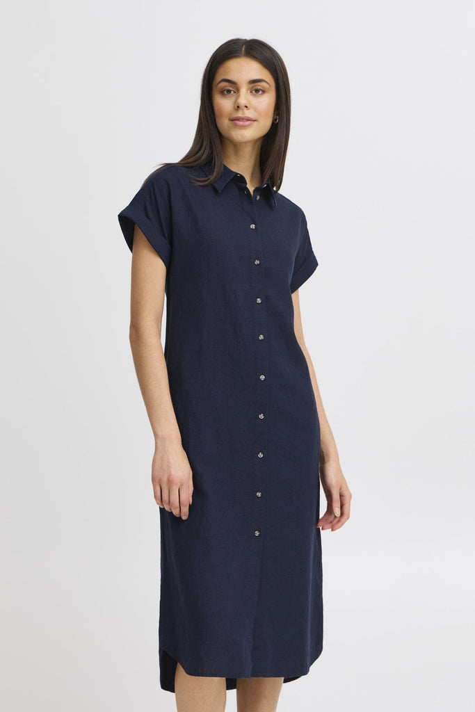 Fransa Linen Shirt Dress Navy