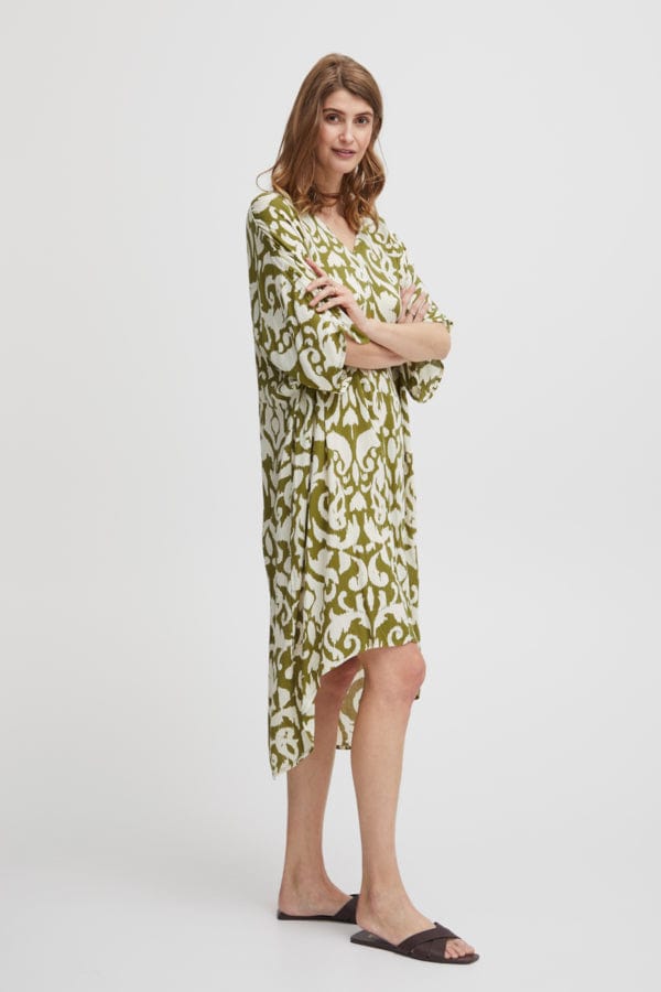 Fransa Relaxed Printed Dress Moss Green Ivory