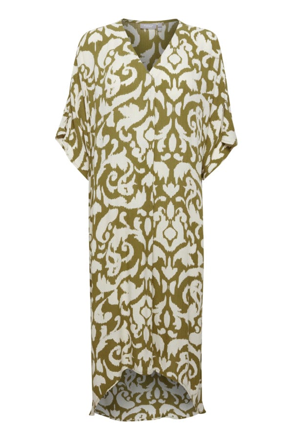 Fransa Relaxed Printed Dress Moss Green Ivory