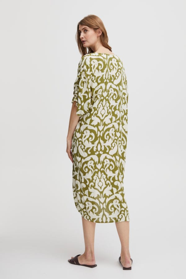 Fransa Relaxed Printed Dress Moss Green Ivory