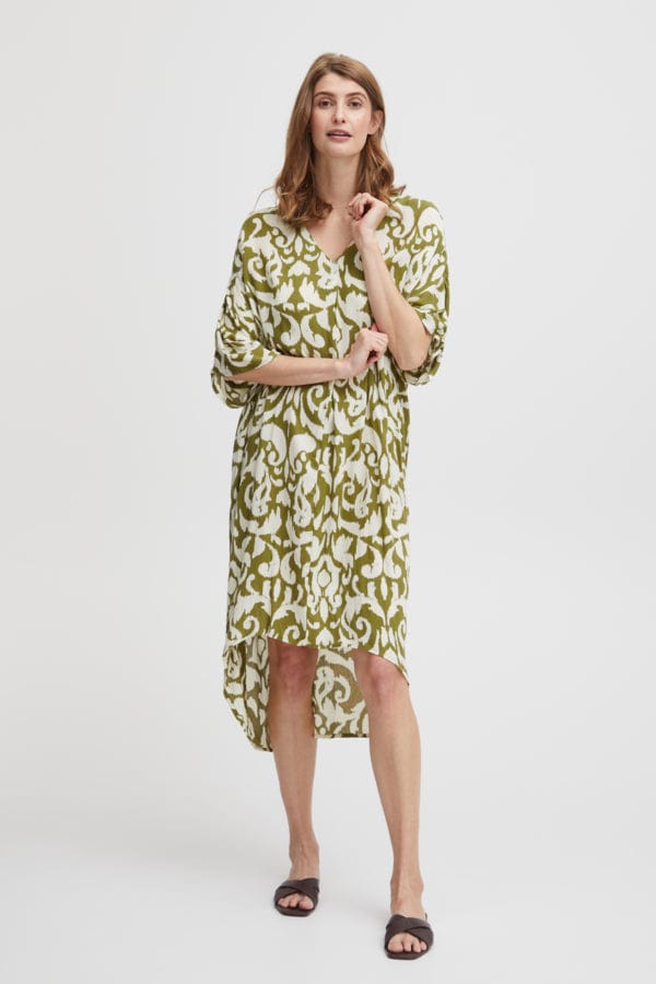 Fransa Relaxed Printed Dress Moss Green Ivory