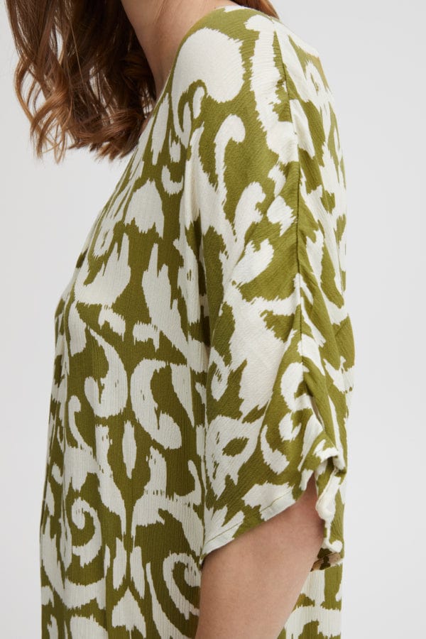 Fransa Relaxed Printed Dress Moss Green Ivory