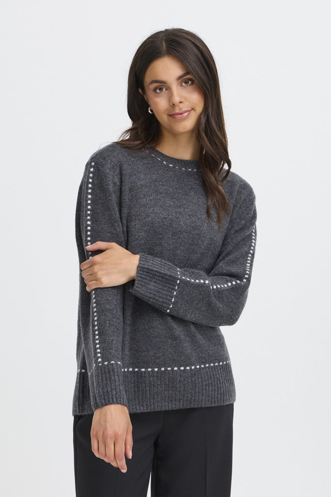 Fransa Stitch Detail Jumper Charcoal Ivory
