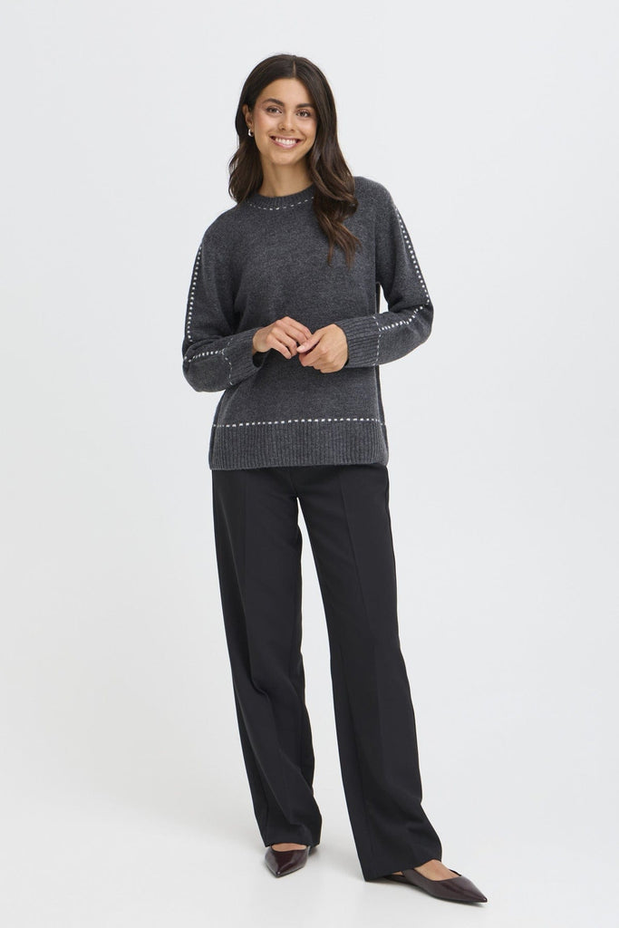 Fransa Stitch Detail Jumper Charcoal Ivory