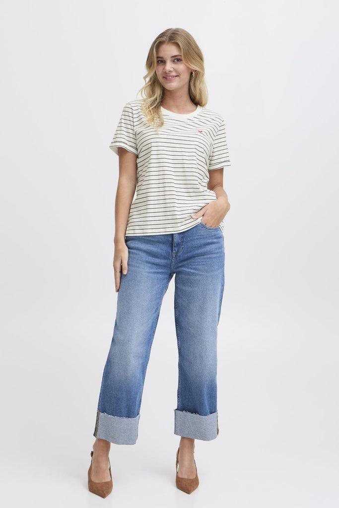 Fransa Stripe Cotton T Shirt Black White