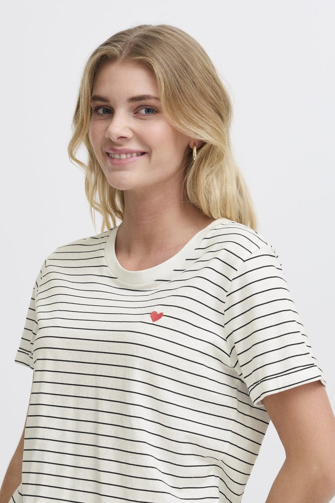Fransa Stripe Cotton T Shirt Black White