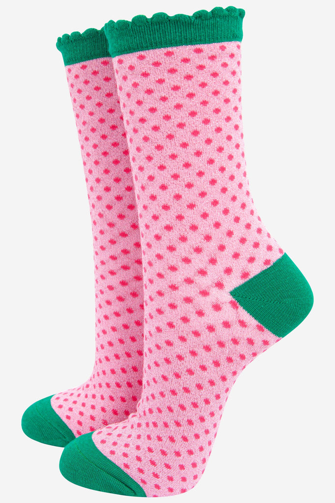 Glitter Socks Polka Dot Spots Pink Green UK 3-7 | EU 36-40
