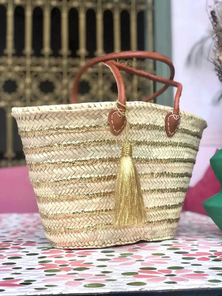 HandmadeBestSeller - Straw Basket Bag | French Basket Leather Handles | Sequins