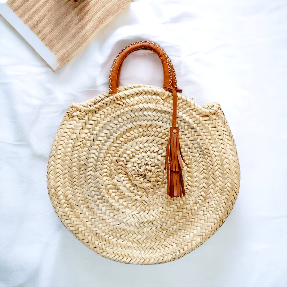 HandmadeBestSeller - Straw Tote Bag with Leather Handles | Round bag Brown