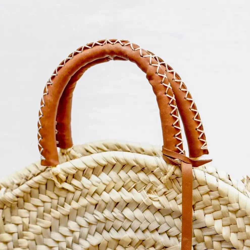 HandmadeBestSeller - Straw Tote Bag with Leather Handles | Round bag Brown