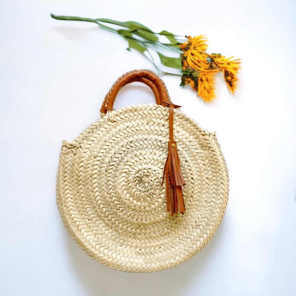 HandmadeBestSeller - Straw Tote Bag with Leather Handles | Round bag Brown