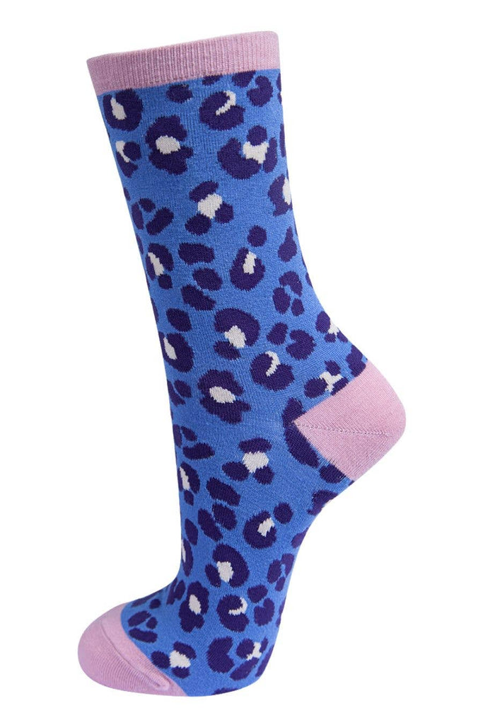 Leopard Print Bamboo Socks Blue Pink