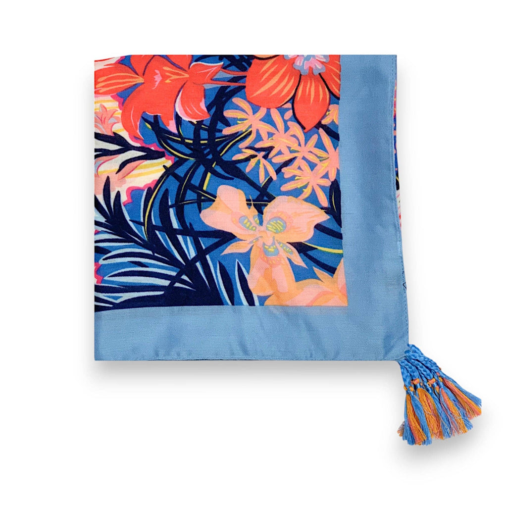 Lili Scarves - Garden Floral Print Tassel Square Scarf - Baby blue