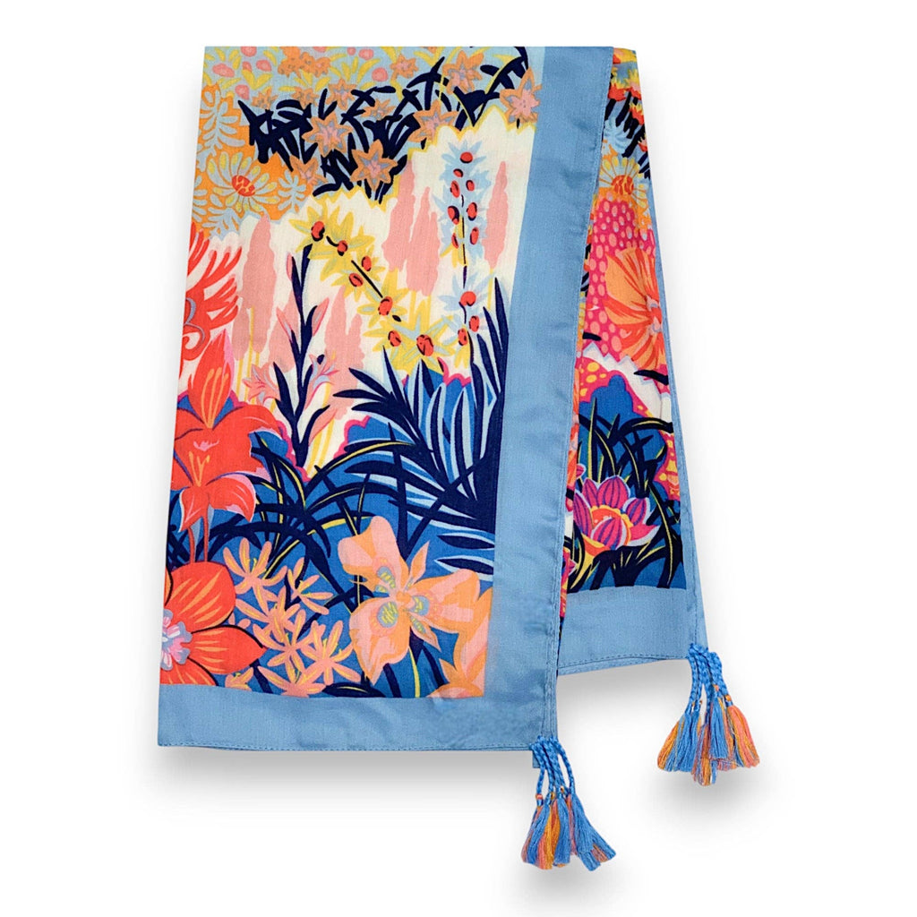 Lili Scarves - Garden Floral Print Tassel Square Scarf - Baby blue
