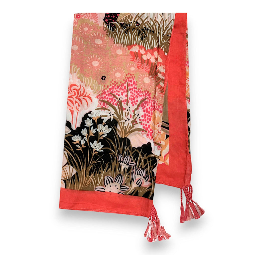 Lili Scarves - Garden Floral Print Tassel Square Scarf Coral