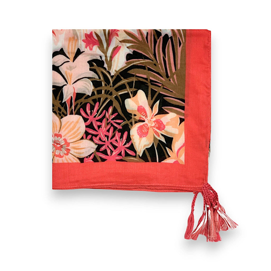Lili Scarves - Garden Floral Print Tassel Square Scarf Coral