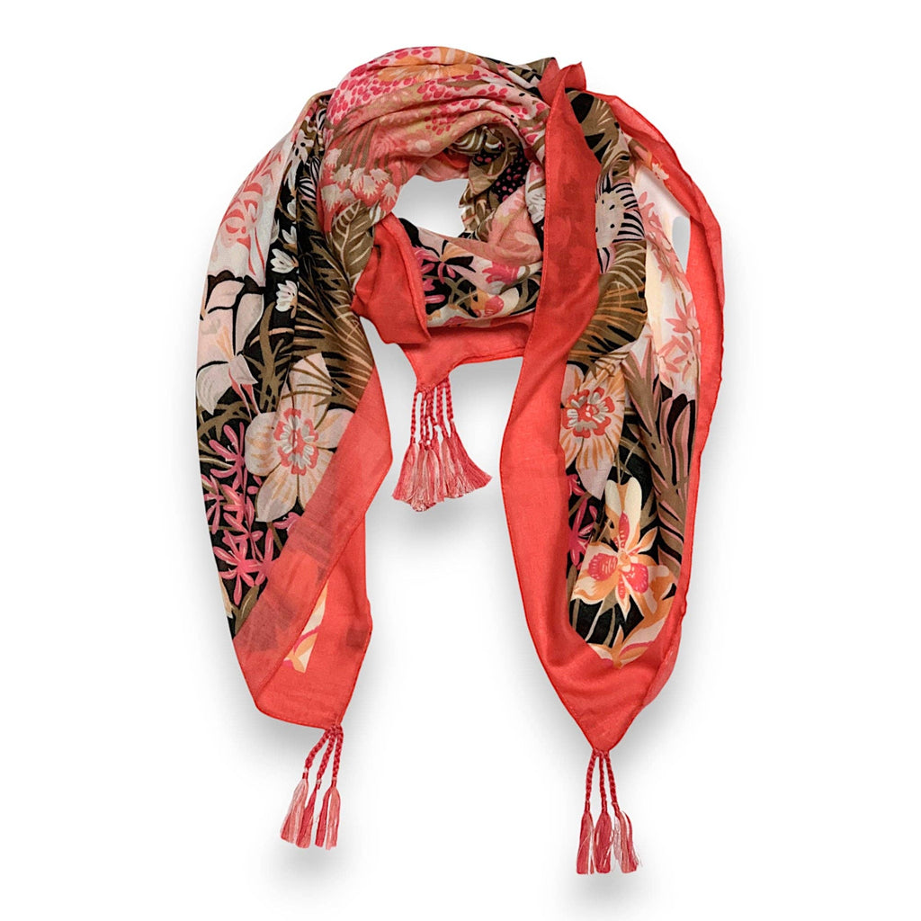 Lili Scarves - Garden Floral Print Tassel Square Scarf Coral