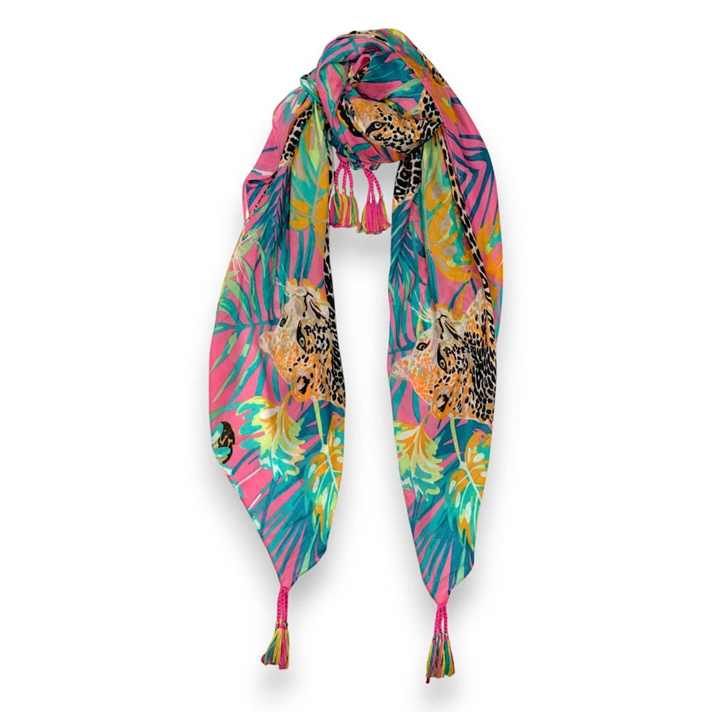 Lili Scarves - Panther Print Tassel Square Scarf Pink