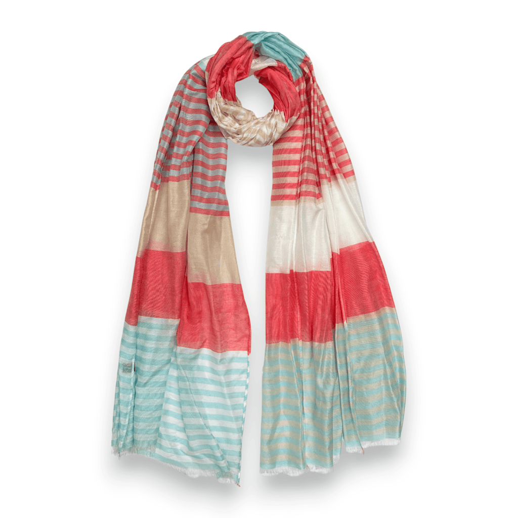 Lili Scarves - Silky Stripe Colorblock Scarf Coral & Blue