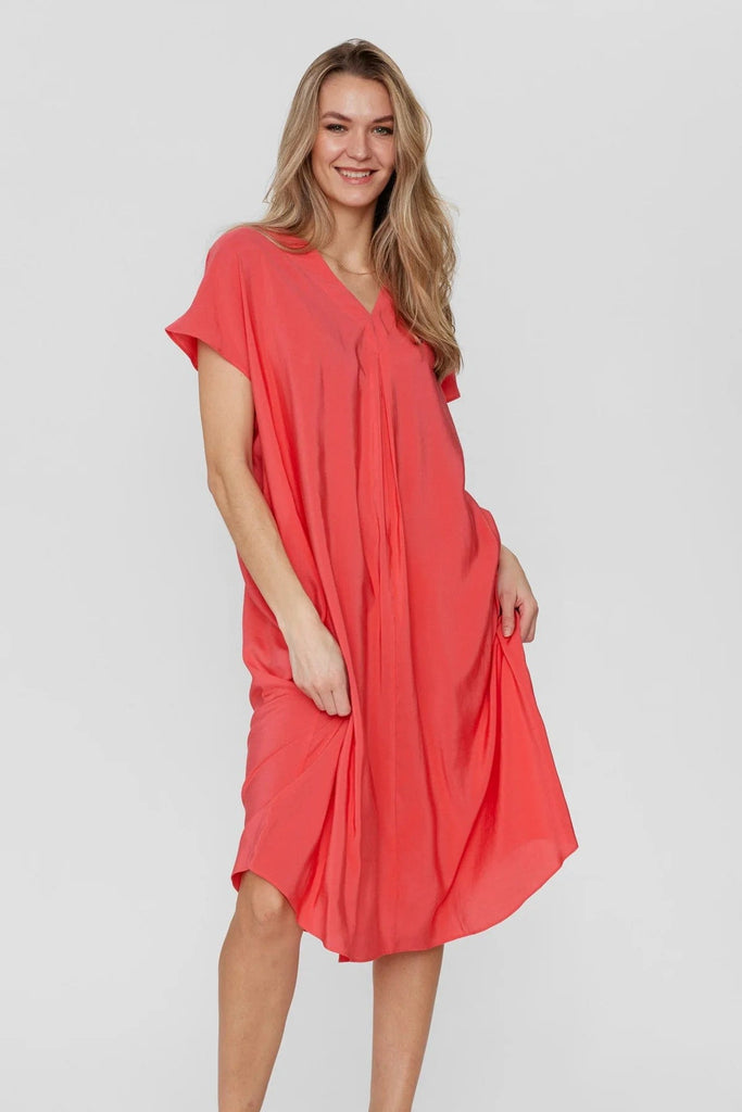 Numph Relaxed V Neck Dress Coral Pink