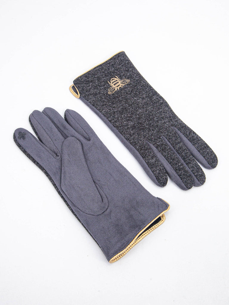 Sarta Accessories - Ada Embroidered Gloves - Dark Grey, Gold Bee One-size