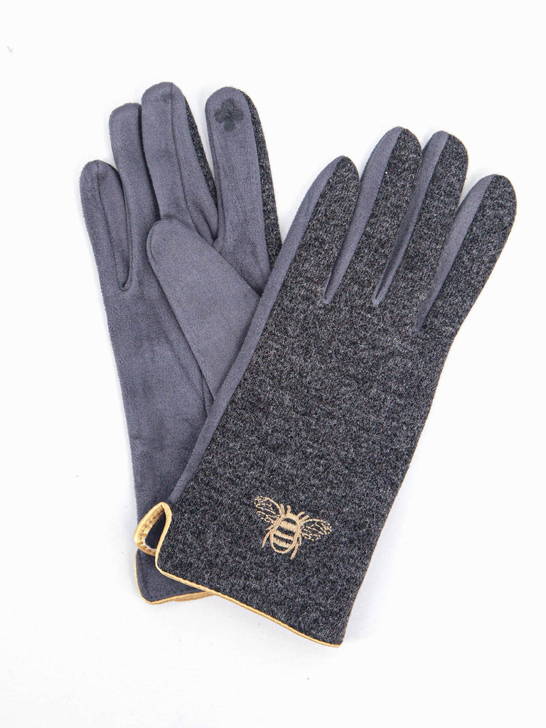 Sarta Accessories - Ada Embroidered Gloves - Dark Grey, Gold Bee One-size