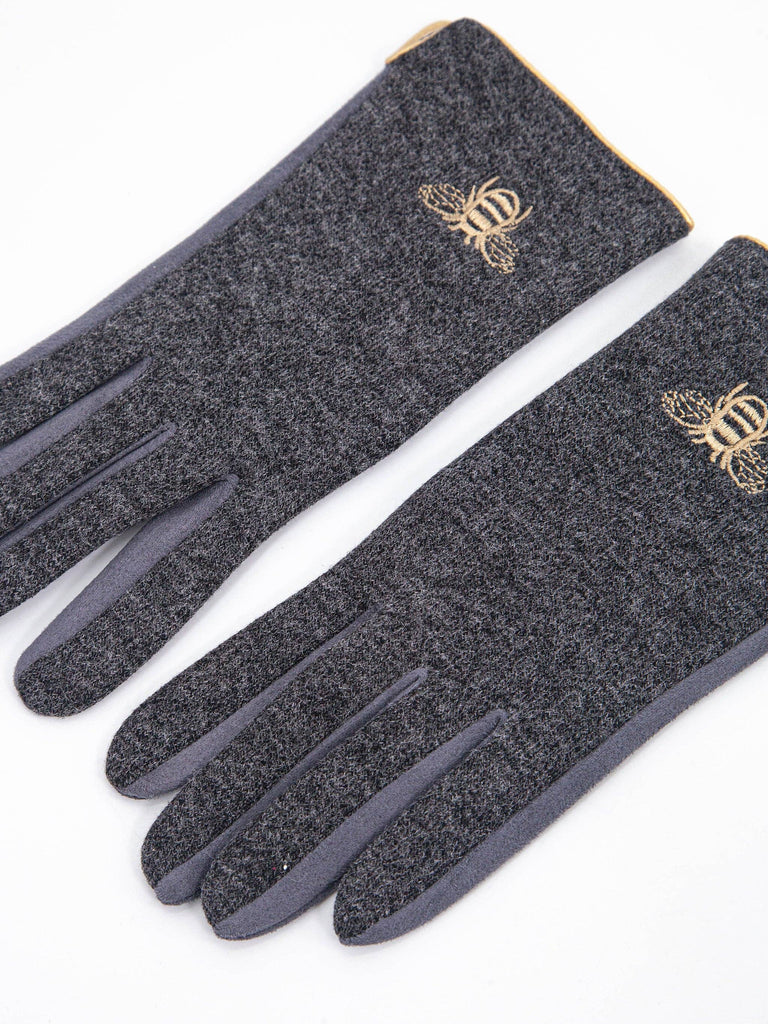 Sarta Accessories - Ada Embroidered Gloves - Dark Grey, Gold Bee One-size