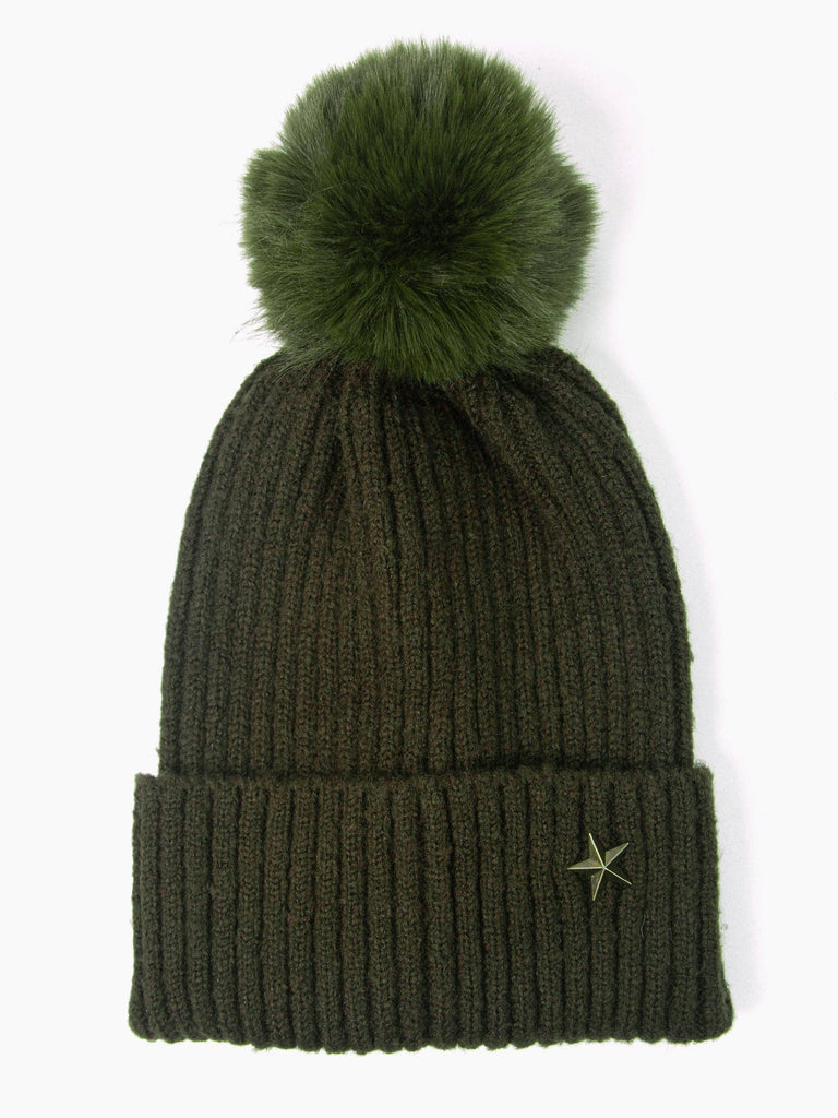 Sarta Accessories - Bonnie Pom Pom Hat - Khaki, Gold Star One-size