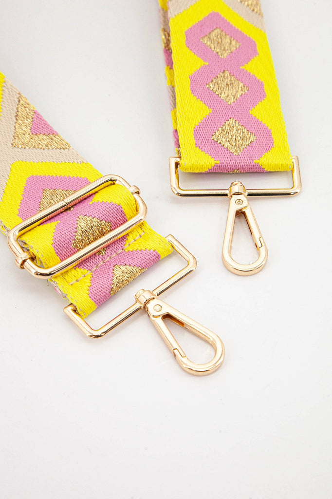 Sarta Accessories - Woven Aztec Print Metallic Wide Bag Strap in Pink & Yellow One-size