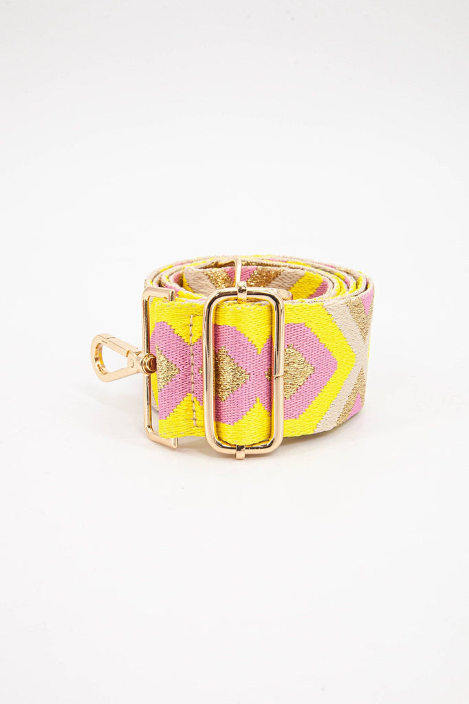 Sarta Accessories - Woven Aztec Print Metallic Wide Bag Strap in Pink & Yellow One-size