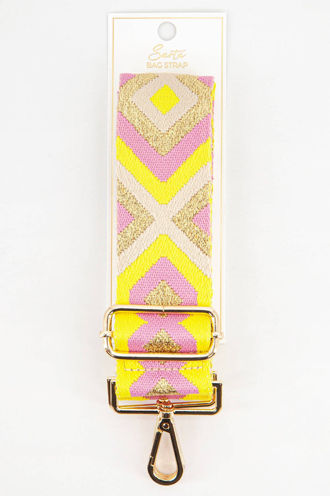 Sarta Accessories - Woven Aztec Print Metallic Wide Bag Strap in Pink & Yellow One-size