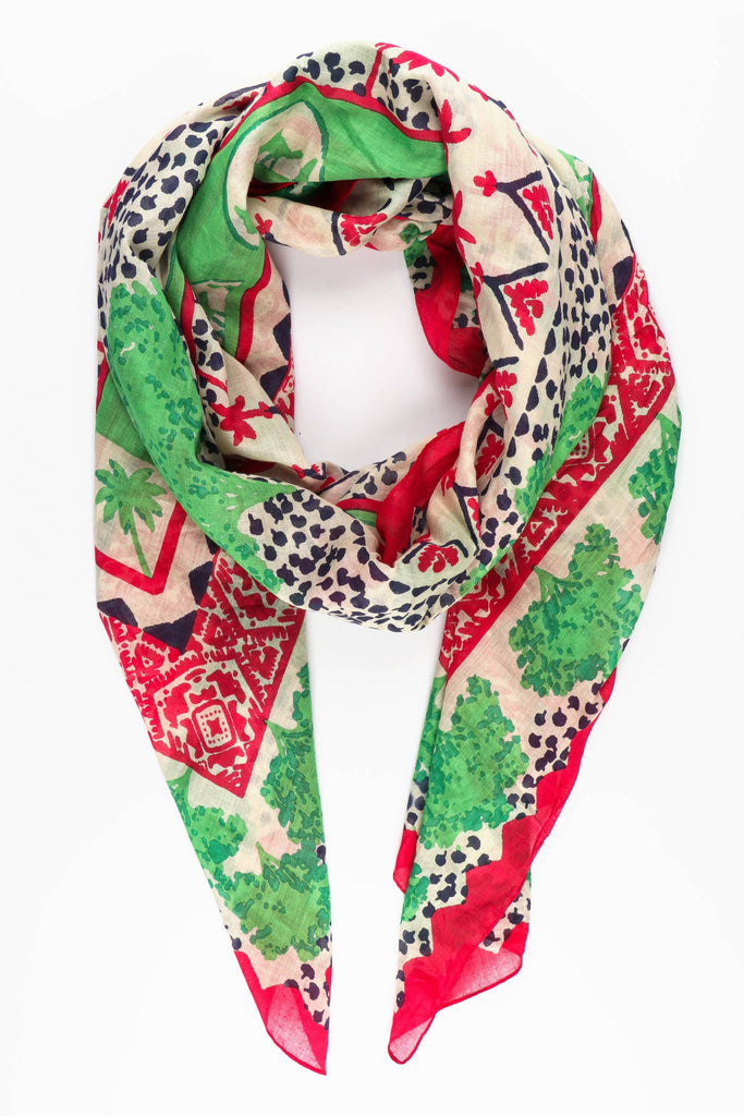 Sarta - Camel and Palm Tree Print Bordered Cotton Scarf in Green One-size