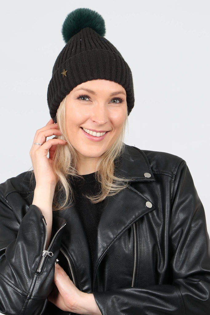 Sarta - Khaki Metal Star Pom Pom Hat with Antique Gold Star