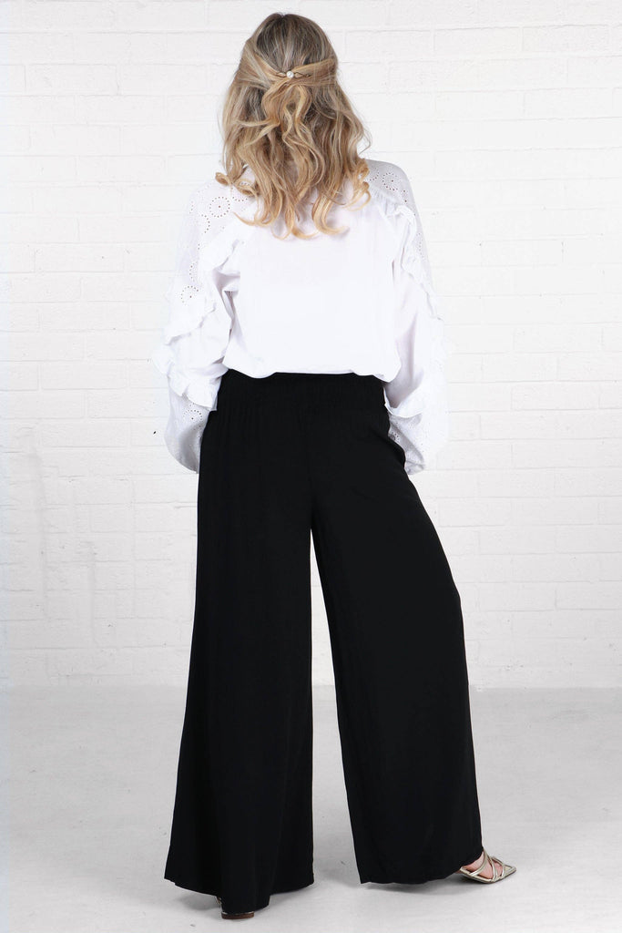 Sarta - Wide Leg Palazzo Pants With Shirred Waist in Black Medium (12-14)