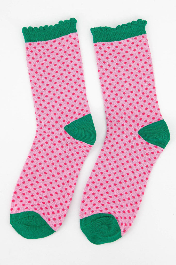 Sock Talk - Women's Cotton Glitter Socks Polka Dot Spots in Pink & Green UK 3-7 | EU 36-40