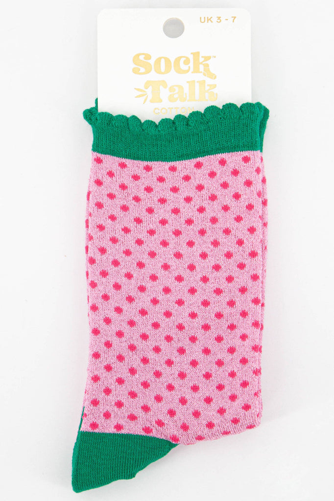 Sock Talk - Women's Cotton Glitter Socks Polka Dot Spots in Pink & Green UK 3-7 | EU 36-40