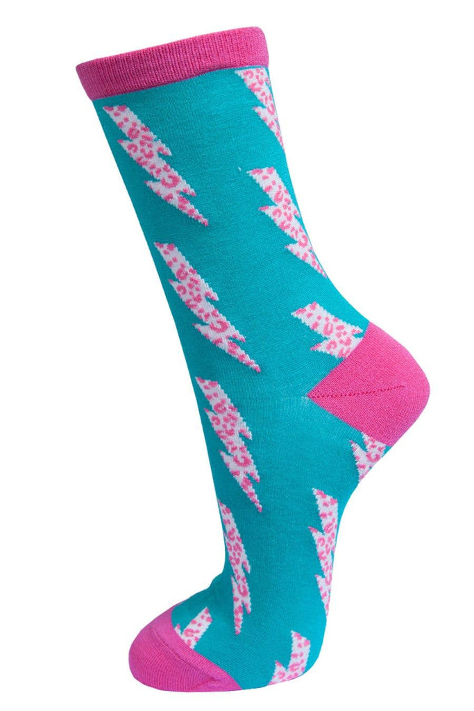 Sock Talk - Womens Bamboo Socks Leopard Print Ankle Socks Lightning Bolt