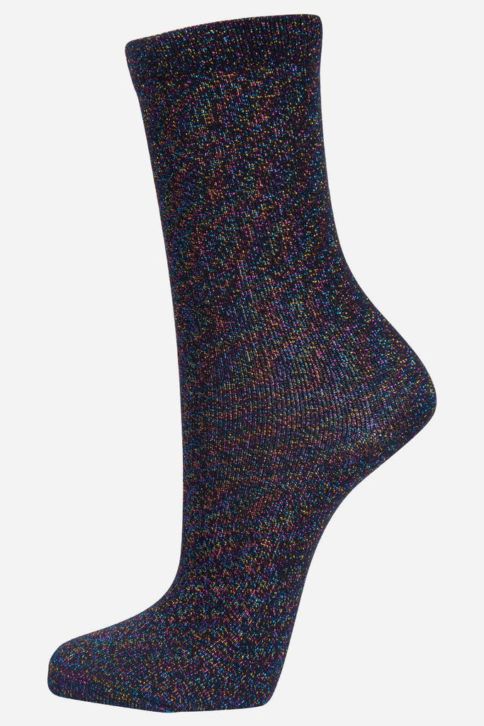 Sock Talk - Womens Black Glitter Socks Rainbow Sparkly Ankle Socks
