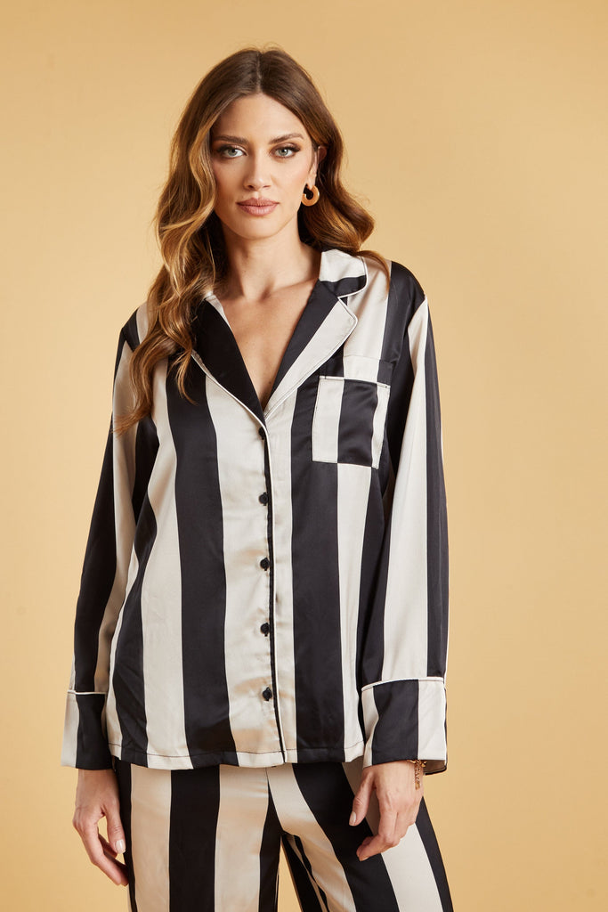 The Night Store Stripe Satin Pyjamas Black Taupe